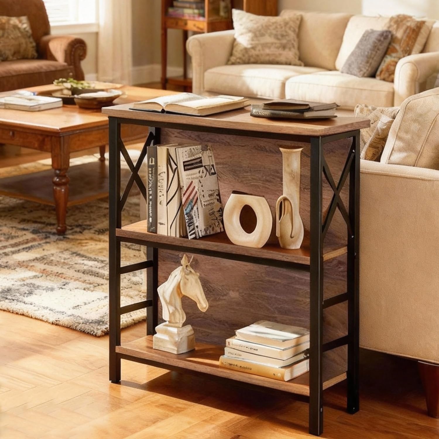 MNEETRUNG Book Shelf, Small 3-Tier Industrial Bookshelf with Strong Metal Frame & Backboard, 29.5" Short Bookcase for Small Spaces, Living Room, Bedroom and Home Office, Brown