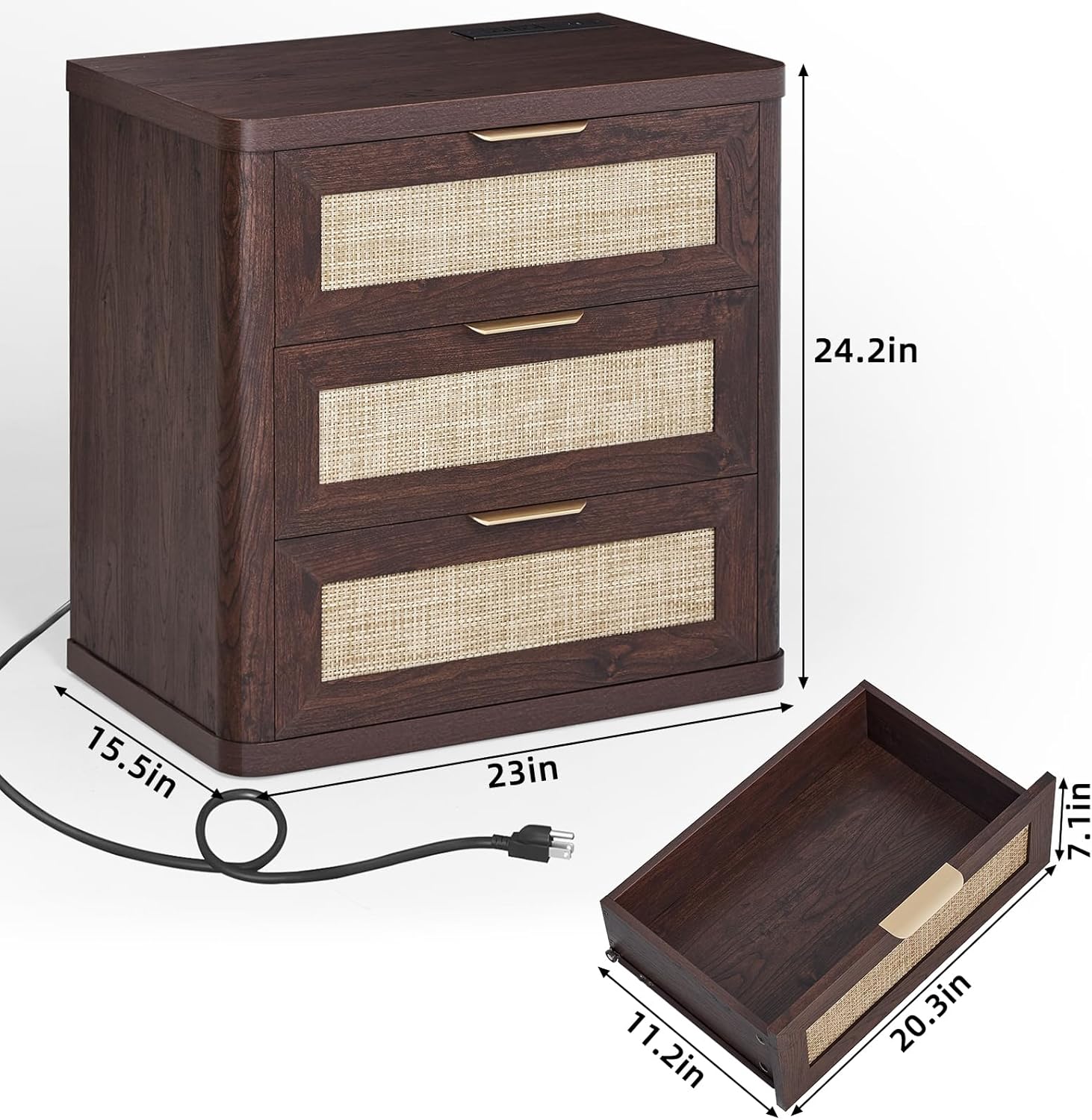 LEYAOYAO Rattan Night Stand with Charger Station, 23" Large 3 Drawer Boho Nightstand, Walnut Bedside Table Storage Cabinet, Bed Side End Tables for Bedroom, Living Room, Hallway