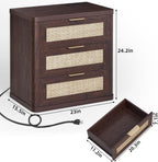 LEYAOYAO Rattan Night Stand Set of 2 with Charger Station, 23" Large 3 Drawer Boho Nightstand, Walnut Bedside Table Storage Cabinet, Bed Side End Tables for Bedroom, Living Room, Hallway