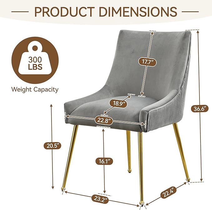 Velvet Dining Chairs Set of 2 Gold Legs,Upholstered Velvet Accent Chairs, Pleated Back Design & Gold Pull Handle, Mid Century Modern Chairs for Dining/Kitchen/Living Room,Light Grey