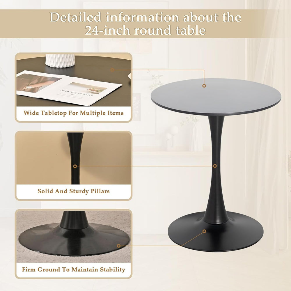 Dining Table and Dining Chair Set 23.6" Black Round Table&2 Leather ...