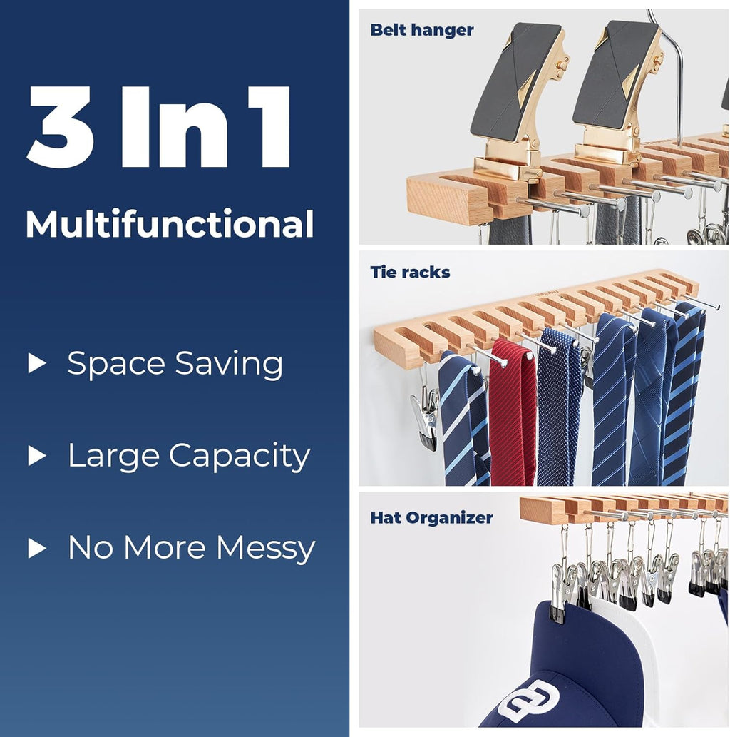 Ohuhu 3 in 1 Belt Hanger Tie Rack Hat Organize for Closet Storage with 14 Belt Slots 12 Tie Hangers 12 Hat Clips Wall Mount Belt Display Space Saver for Men Women Belt Tie Hat Accessories