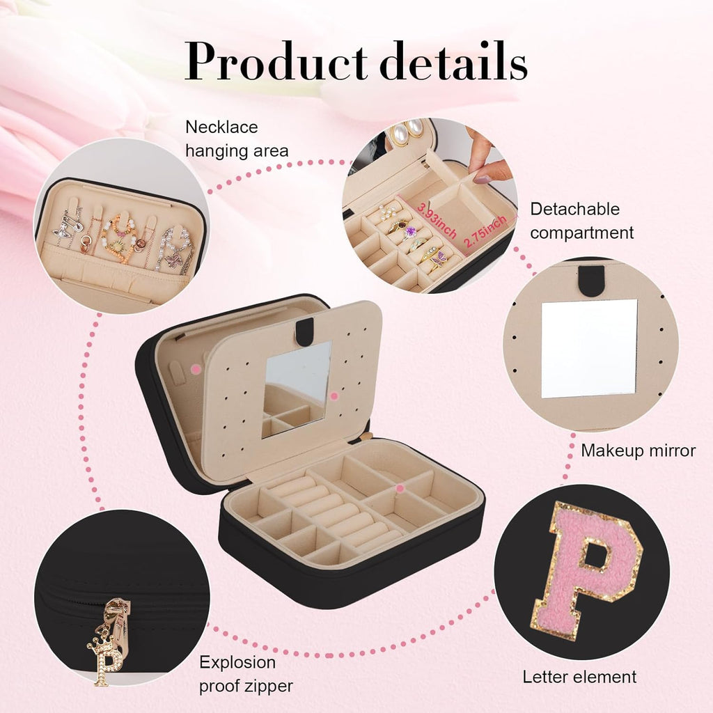 TopPerfekt Travel Jewelry Case, Jewelry Box with Mirror, Jewelry Organizer Bridal Shower Gifts to Her, Earring Storage Travel Case, Trendy Gift for Women and Girls, Girlfriend-Letter P, Black