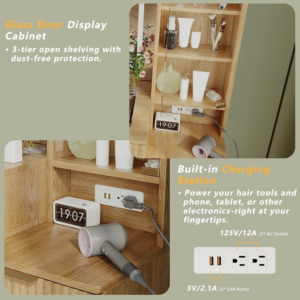 Fluted Vanity Desk with 36" LED Mirror, 48" Modern Makeup Table wit...