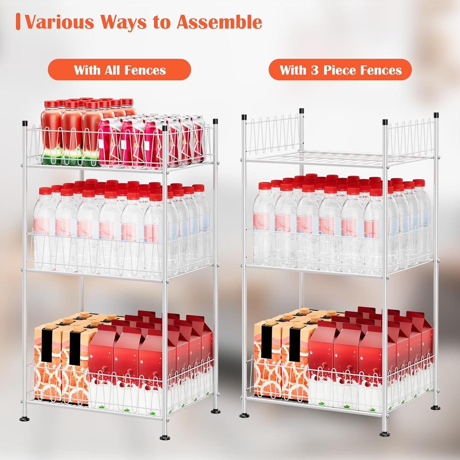 ETELI Water Bottle Storage Organizer 3 Tier Freestanding Water Bottle Holder Rack Stand Metal Drink Soda Can Organizer Beverage Shelf for Floor Pantry Kitchen Food Storage, Silver