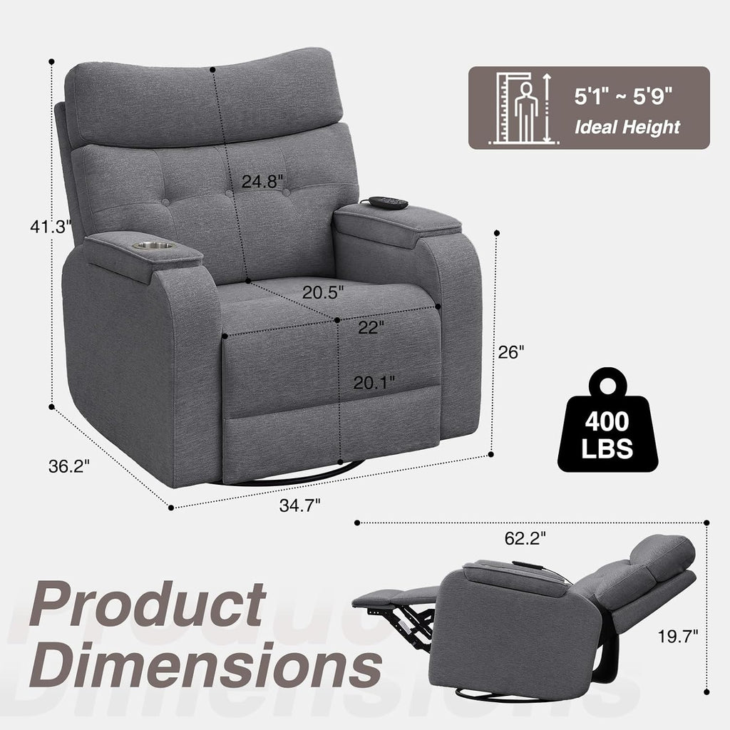 Power Swivel Rocker Recliner with Massage&Heat,Swivel Glider Recliner Chair | Nursery Rocking Recliner with Type-C Port&Timing,Power Swivel Reclining Glider Chair with Dual Storage Arms&Cup Holder Grey