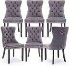 Velvet Upholstered Dining Chairs Set of 6, Modern Style Kitchen Side Chairs with Nailhead Trim and Wood Legs,Metal Pulling Ring for Dining Room Living Room(Grey,Set of 6)