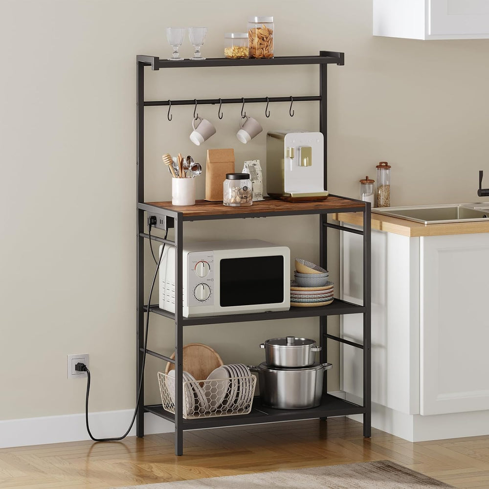MAHANCRIS Bakers Rack with Power Outlet, Kitchen Storage Shelf with 6 Hooks, ...