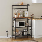 MAHANCRIS Bakers Rack with Power Outlet, Kitchen Storage Shelf with 6 Hooks, Microwave Stand with Storage, 4-Tier Coffee Bar Station, for Kitchen, Dining Room, Rustic Brown and Black BRHR351E01
