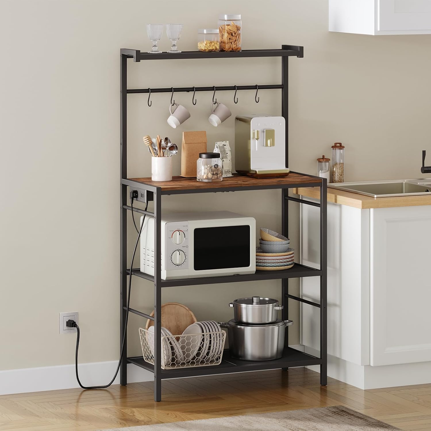 MAHANCRIS Bakers Rack with Power Outlet, Kitchen Storage Shelf with 6 Hooks, Microwave Stand with Storage, 4-Tier Coffee Bar Station, for Kitchen, Dining Room, Rustic Brown and Black BRHR351E01
