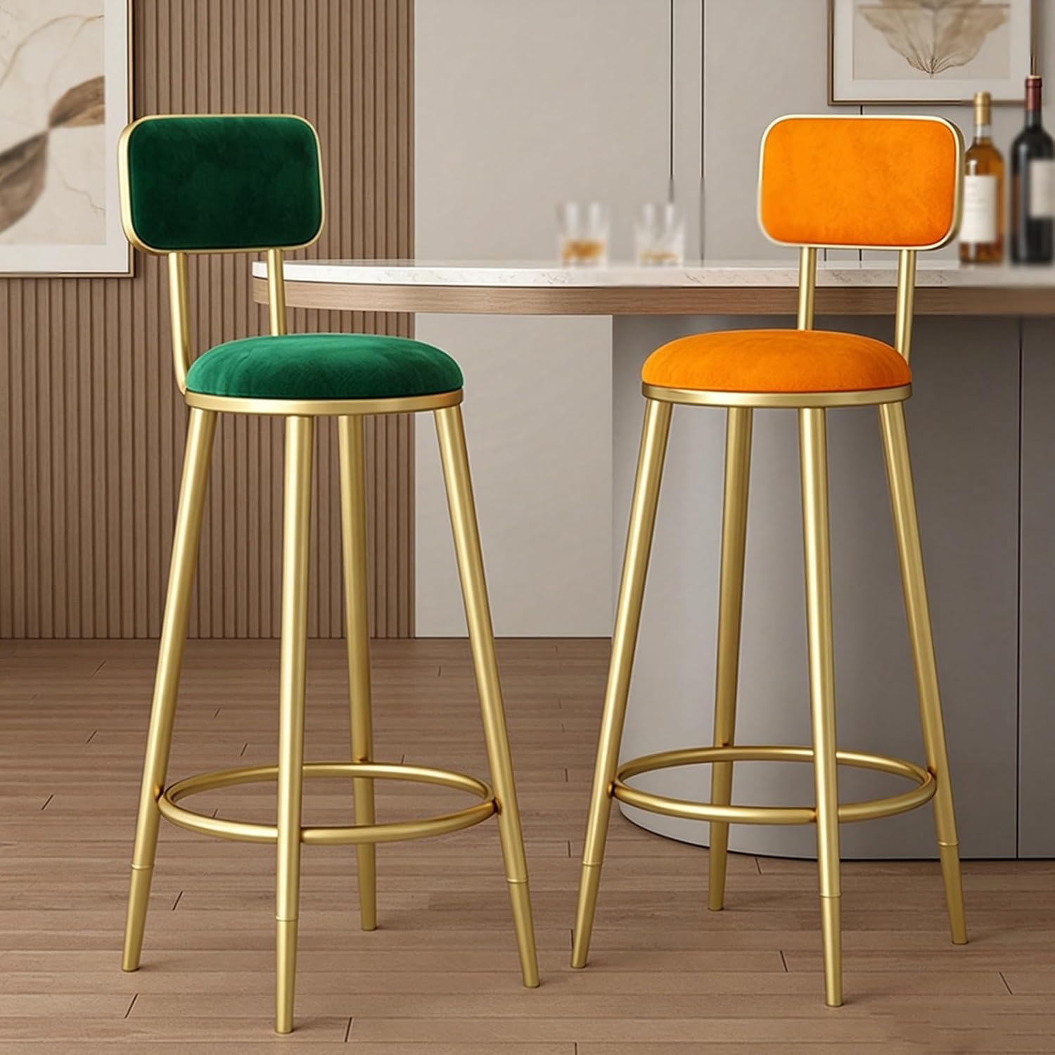 Work Vanity Chair, Metal Bar Stools, Upholstered Dining Accent Side Chairs, Heavy-Duty Round Stool, for Kitchen Dining Room Living Room(Green,60cm)