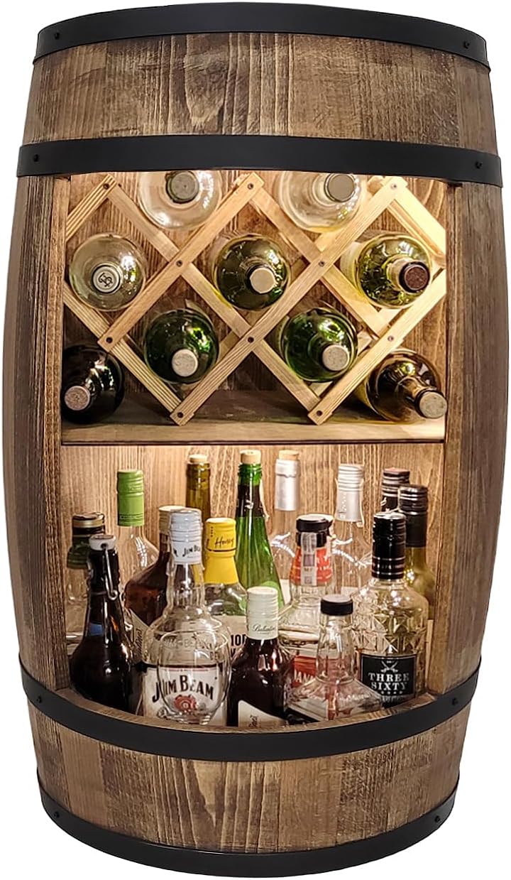 Fassbar L.E.D. with Wine Holder Wine Rack - Wooden Barrel Home Bar 80 cm Rustic Decorative Bar Cabinet Wine Stand - Barrel Beer Wine Bottle Stand - Bar Whisky Gift (Dark Brown)