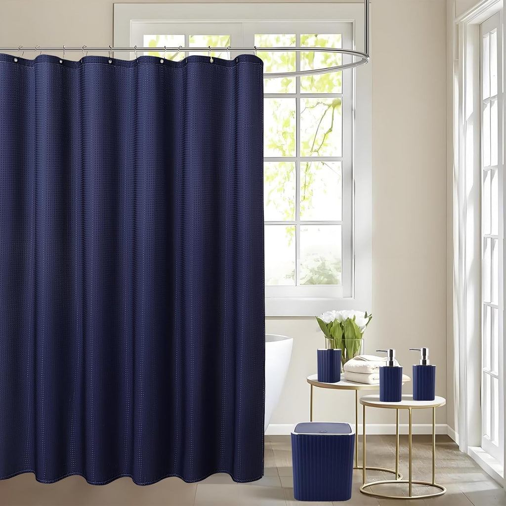 Bathroom Set with Shower Curtain and Rugs- 25PC Bathroom Accessory Set, Navy Blue Shower Curtain Set, Toilet Brush, Trash Can, Qtip Holder Dispenser & Soap Dispenser
