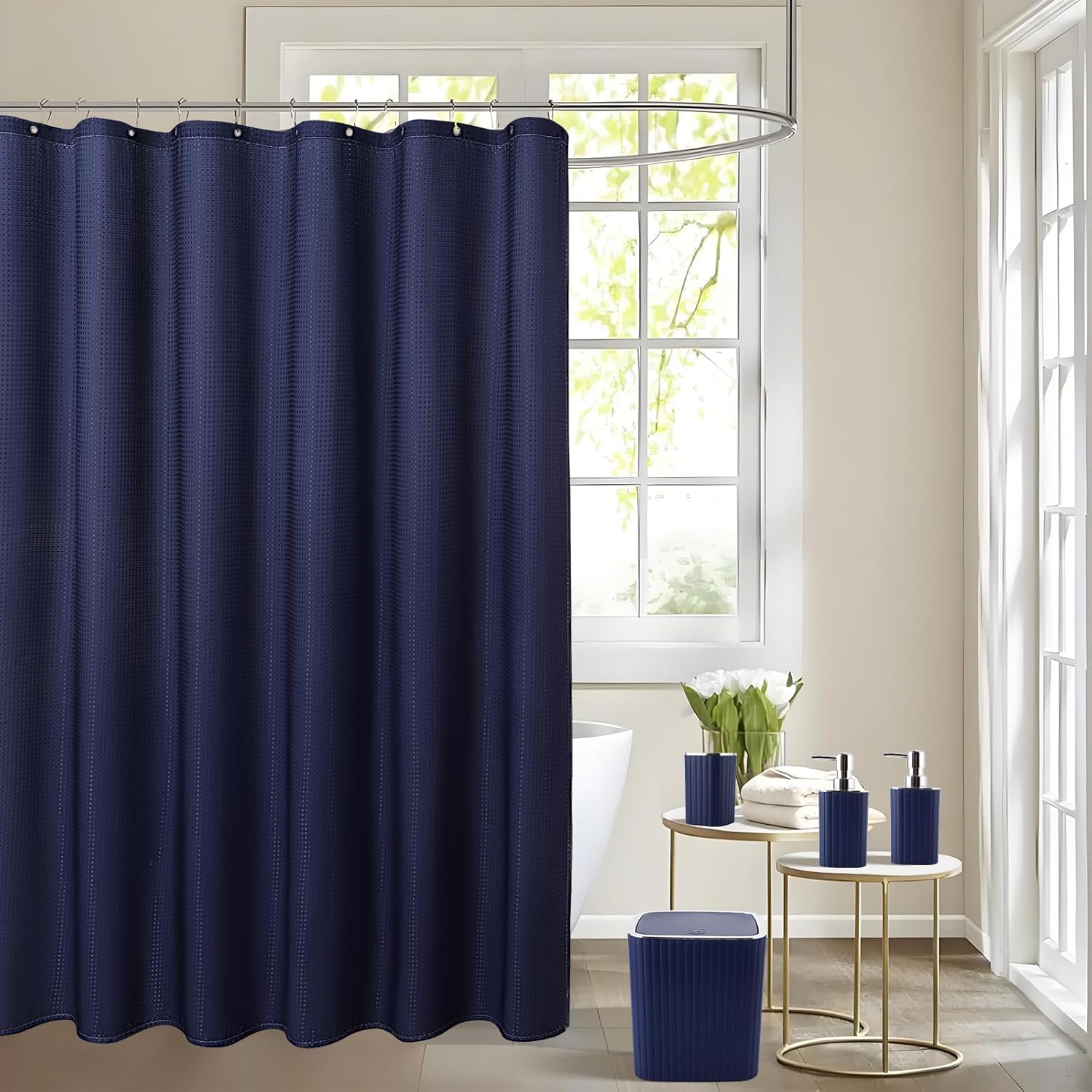Bathroom Set with Shower Curtain and Rugs- 25PC Bathroom Accessory Set, Navy Blue Shower Curtain Set, Toilet Brush, Trash Can, Qtip Holder Dispenser & Soap Dispenser