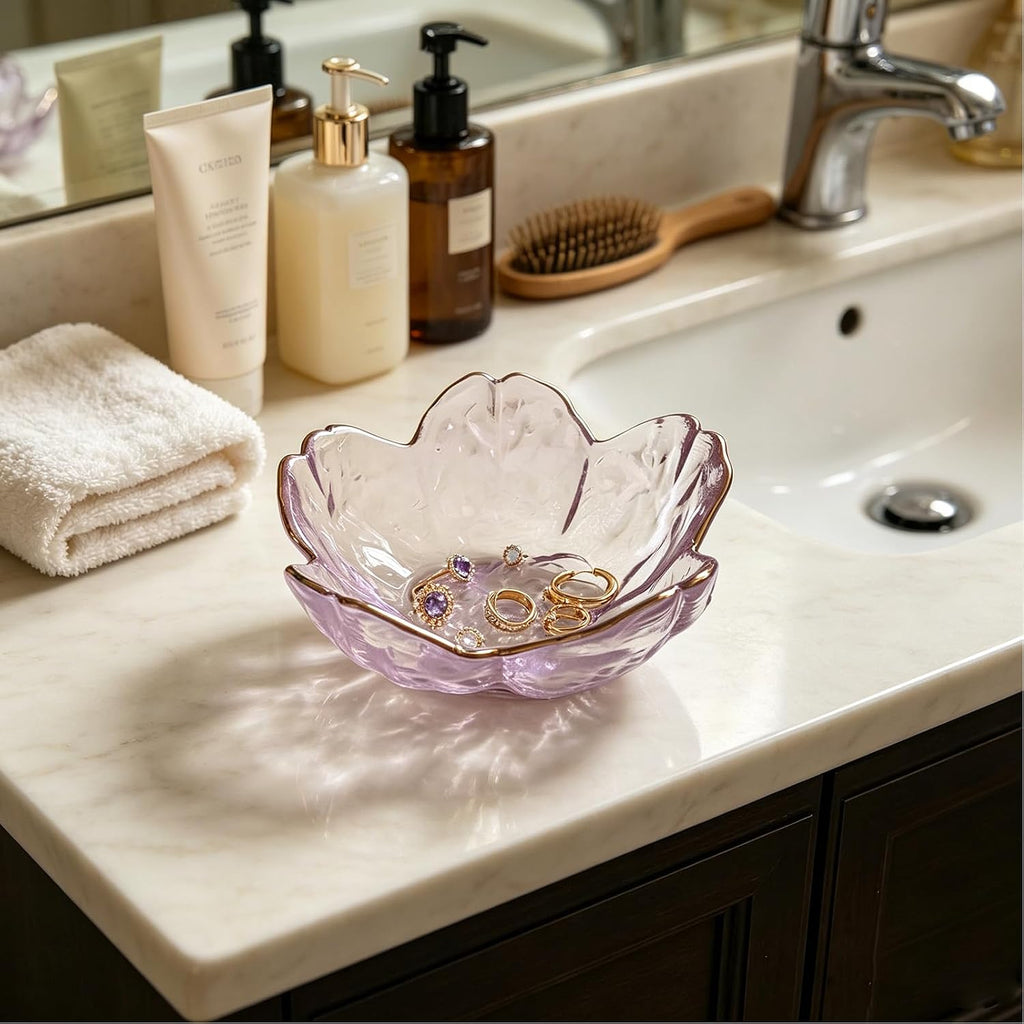 Small Jewelry Dish Tray, Flower Ring Dish Jewelry Tray, Nightstand Decor Glass Trinket Dish, Jewlery Plate Crystal Ring Holder Dish, Gifts Engagement Jewelry Bowl Dish for Rings, Earrings (Purple)