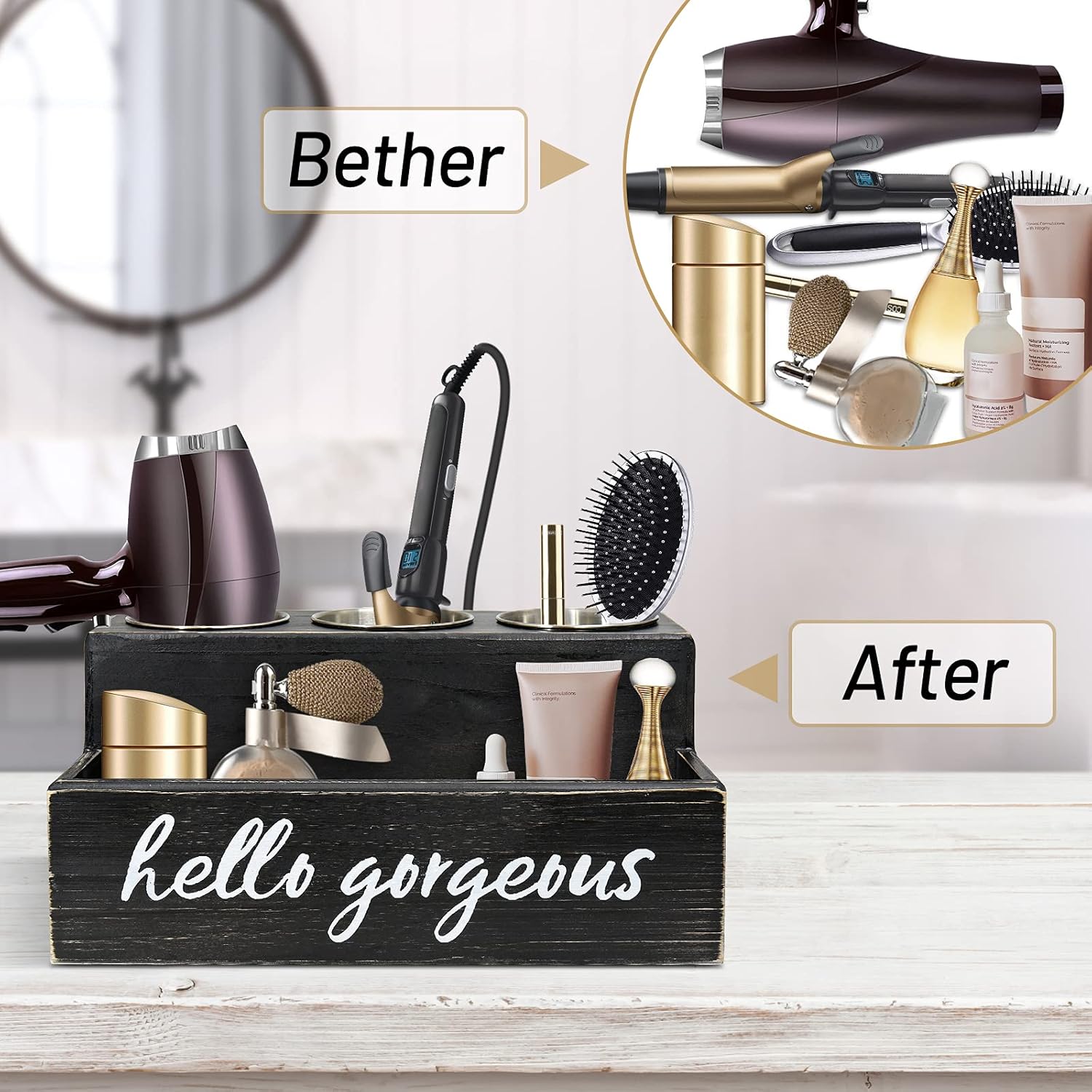 Unistyle Hair Blow Dryer/Curling Iron Holder, Countertop, Hair Tools & Styling Supplies Organizer Flat for Bathroom Counter for Accessories, Makeup, Toiletries Storage, Black