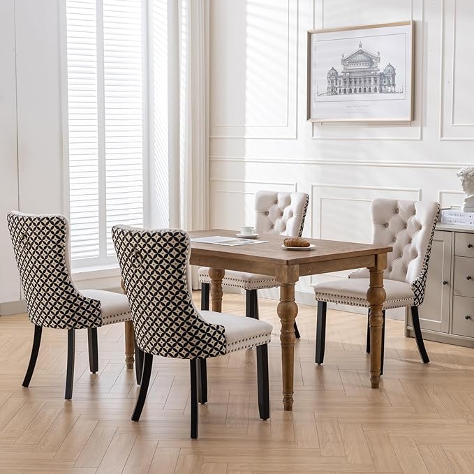 Velvet Dining Chairs Set of 6, High-end Tufted Upholstered Dining Chair with Back Ring Pull, Nailhead Trim and Solid Wood Legs, Modern Dining Room Chairs for Dining Room, Beige &Patterned