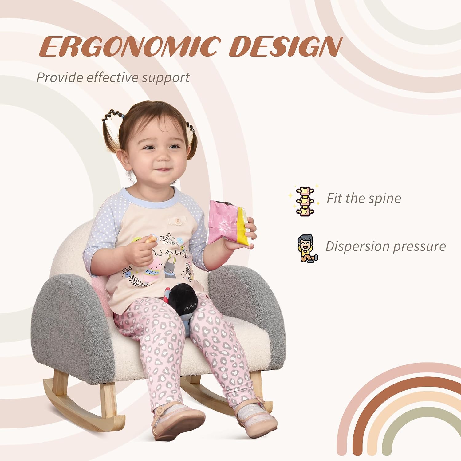 Qaba Kids Sofa Toddler Rocking Chair Solid Wooden Frame 18-36 Months Gray | Faux Lamb Fleece Fabric, Kids Arm Chair, Nursery Or Playroom