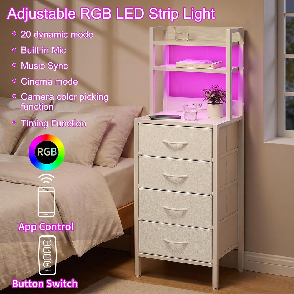 Fixwal 47 Inch Tall Nightstand with Charging Station, Led Night Stand with So...