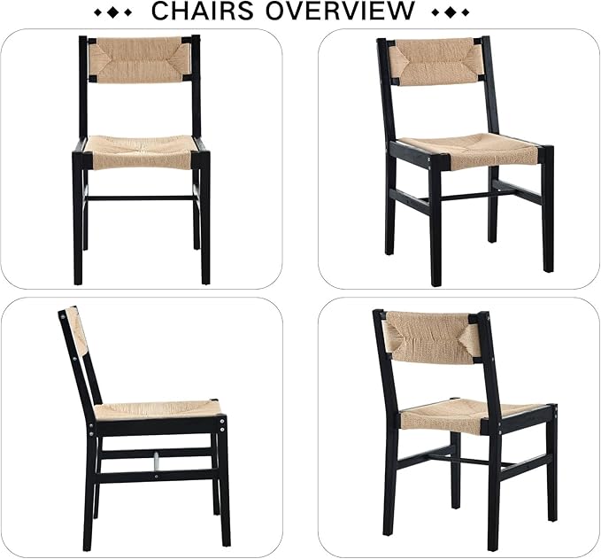 Mid Century Modern Rattan Dining Chairs Set of 6 Black Beechwood Kitchen Chairs Farmhouse Woven Dining Room Chairs Armless Boho Cane Wicker Chair Wooden Dining Chairs with Weave Hemp Seat and Backrest