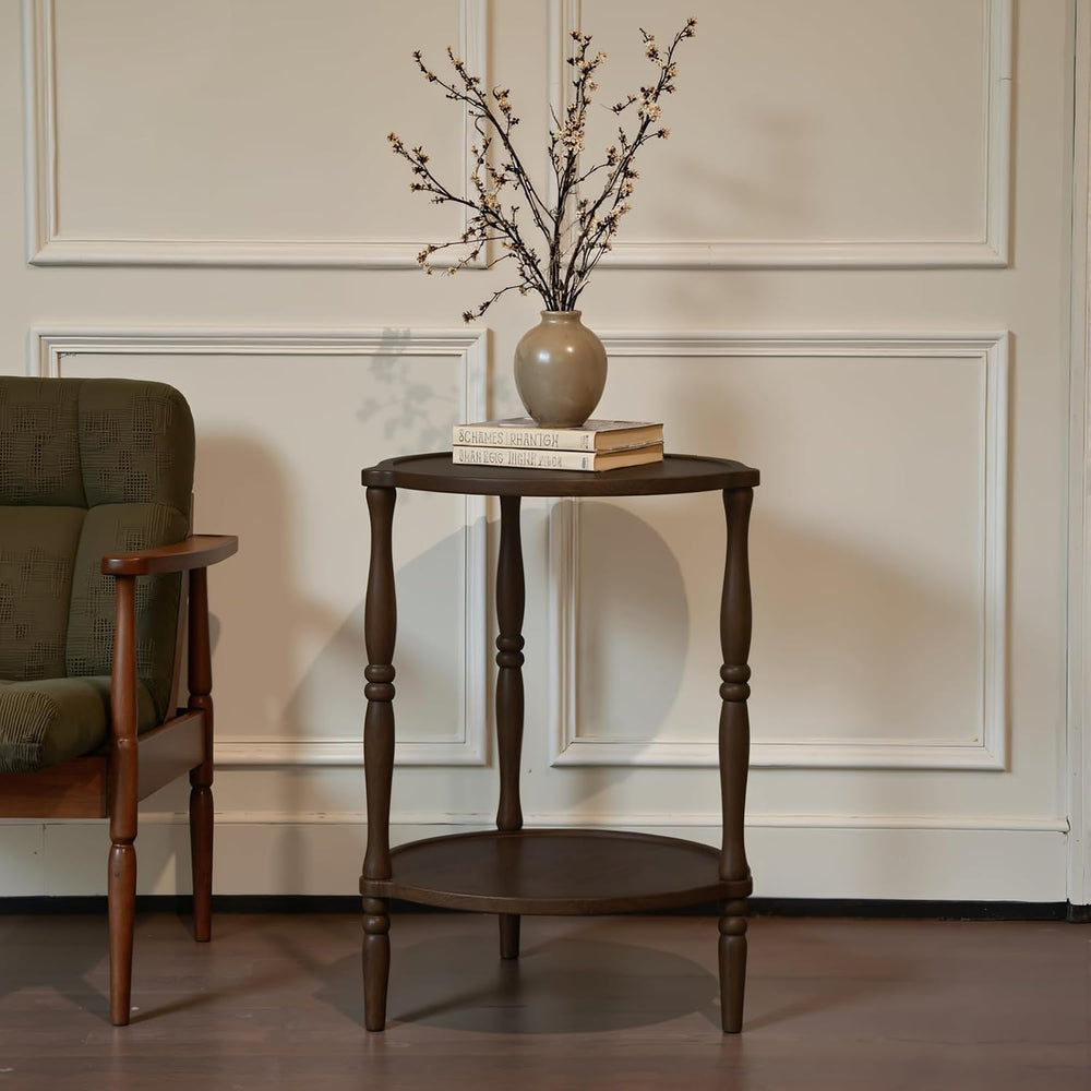 Accent Wood End Table, 2-Tier Round Bedside Table, Natural Side Table Nightst...