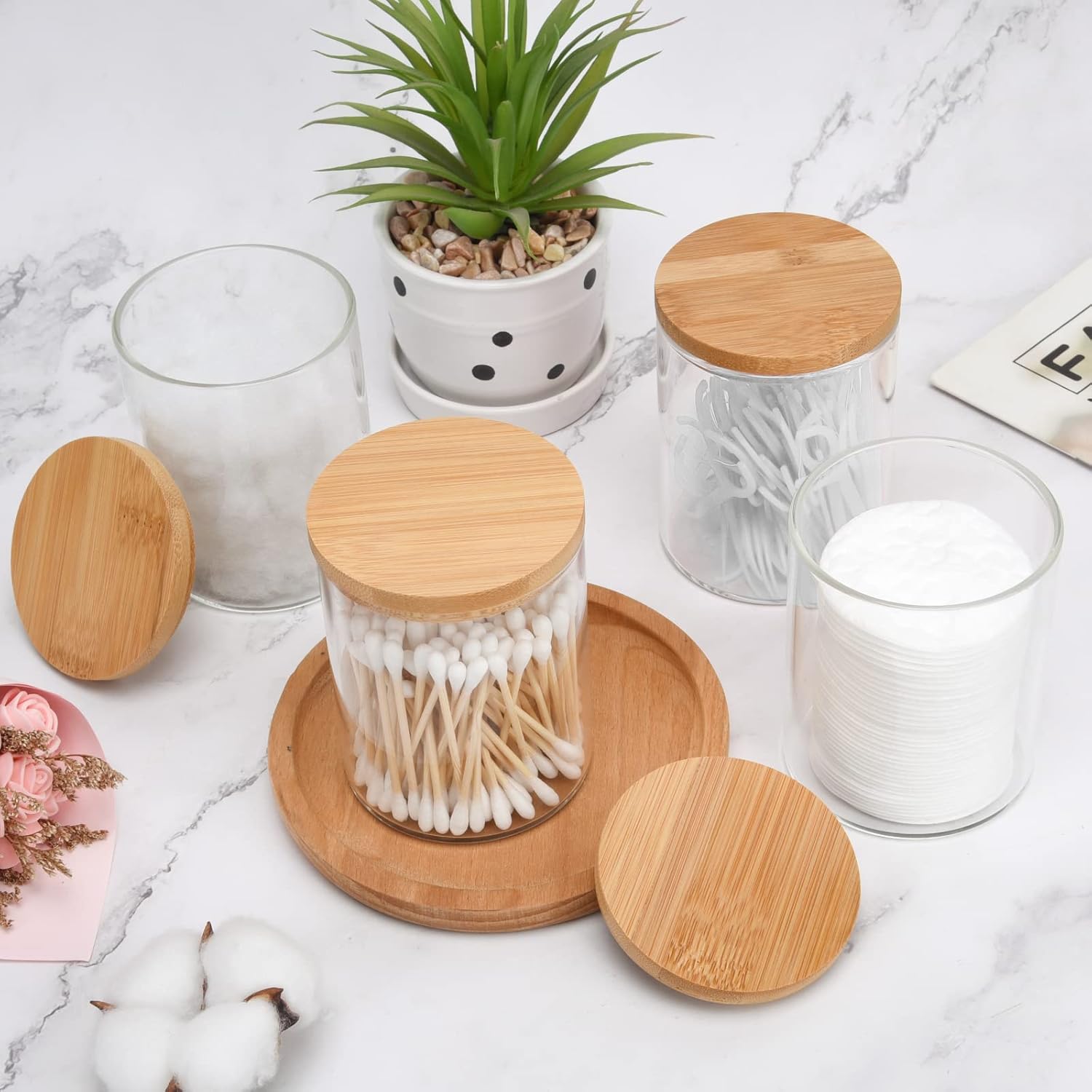 4 Pack Glass Qtip Holder Dispenser Set - Apothecary Jars with Lids for Vanity Makeup Organizer - Bathroom Canister Storage Organizer for Cotton Ball,Swab,Round Pads,Floss