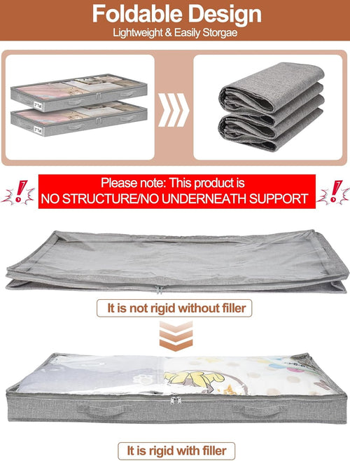 3 Inch Low Profile Under Bed Storage Bins with NO STURCTURE Design, Shallow Clothes Storage Bags with Clear Lids & Waterproof Fabric - Fits Under Sofa, Couch, Dorm, or College Beds，40x20x3inch，Grey
