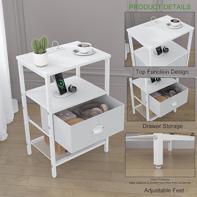 Sthmec Nightstands Set of 2, LED Bedside Tables with Charging Station and Fab...