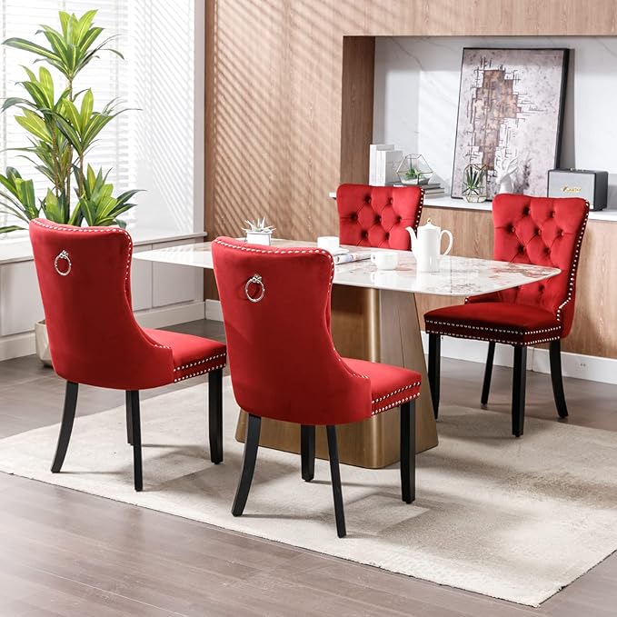 Velvet Dining Chairs Set of 4, Tufted Upholstered Dining Room Chairs with Back Ring Pull, Nailhead Trim and Solid Wood Legs, Modern Dining Chairs for Dining Room, Kitchen,Burgundy Red