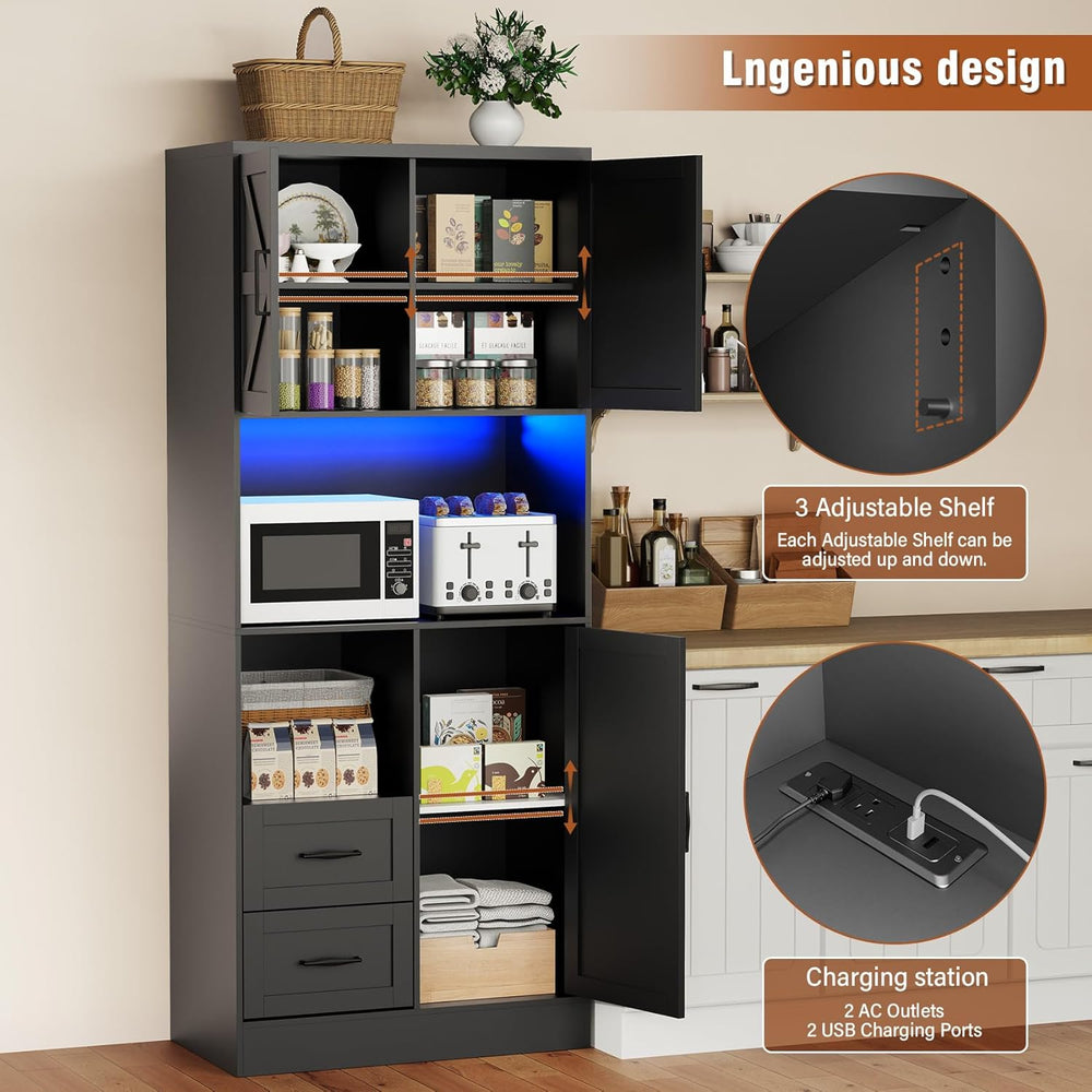 Bigbiglife Farmhouse Kitchen Pantry Cabinet with LED Lights and Power Strip, ...