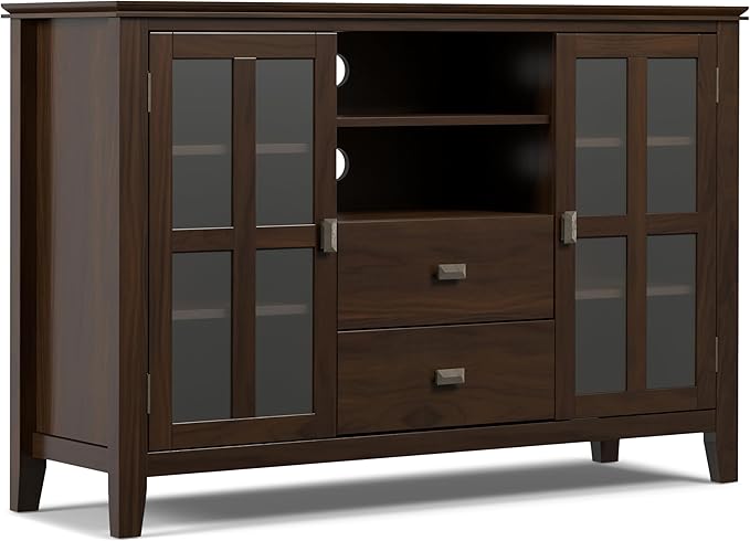 SIMPLIHOME Artisan TV Stand - 53 inch Wide Solid Wood Tall Media Console in Tobacco Brown, Contemporary Entertainment Center for Living Room for TVs up to 60 Inches with Drawers and Cable Management