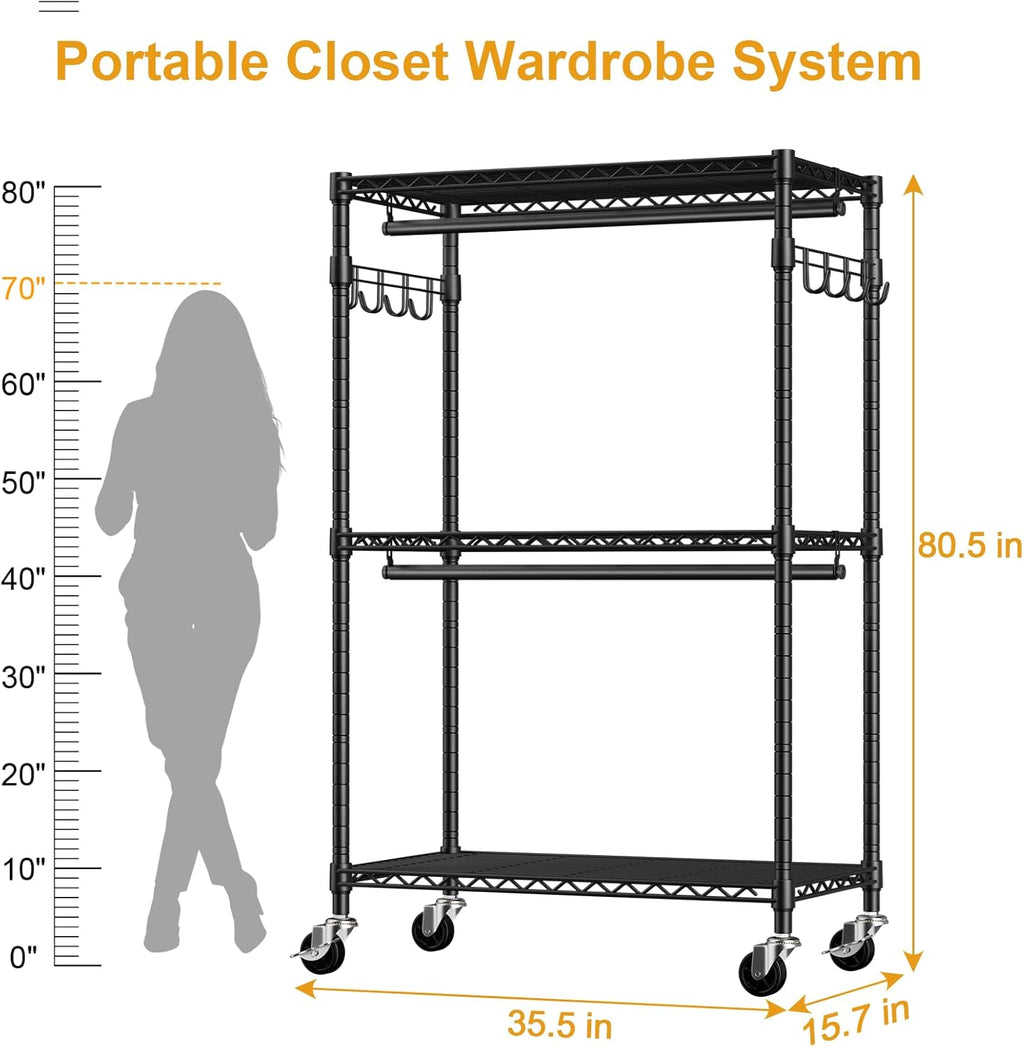 P1 Rolling Clothes Rack, Portable Wardrobe Closet with Wheels, Heavy-Duty Closet Clothing Rack for Hanging Clothes, 35.5" W x 15.7" D x 80.5" H, Hold 500lbs, Black