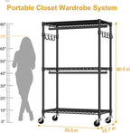 P1 Rolling Clothes Rack, Portable Wardrobe Closet with Wheels, Heavy-Duty Closet Clothing Rack for Hanging Clothes, 35.5" W x 15.7" D x 80.5" H, Hold 500lbs, Black