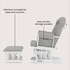 Child Craft Cozy Glider Rocker and Ottoman Set, Smooth Quiet Gliding Motion, Padded Cushion with Convenient Storage Pockets, Solid Wood Base & Frame (Matte White with Gray Cushion)
