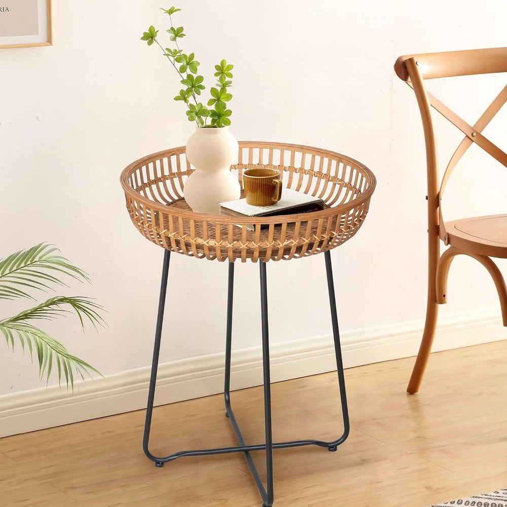 Oakrain Small End Table, Small Round Coffee, Bamboo&Rattan, Accent Table ...