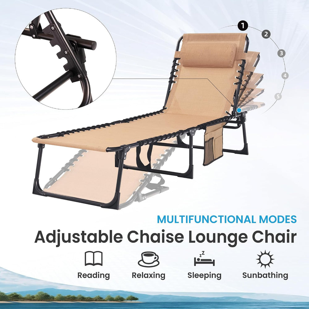 2 Pack Outdoor Folding Chaise Lounge 5-Position Adjustable Recliner 400LB Hea...