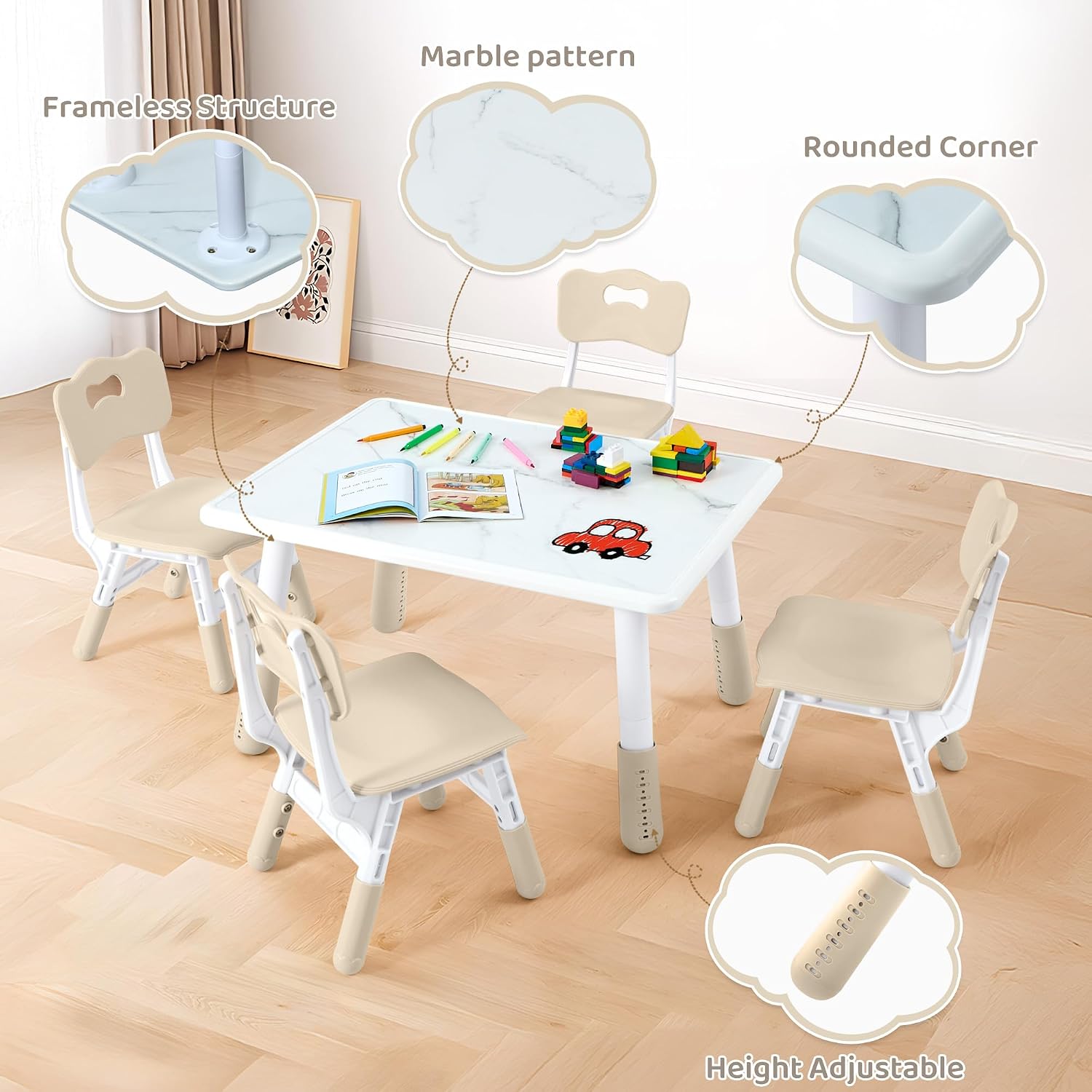 DOREROOM Toddler Table and 4 Chairs Set, Marble Top, No-Screw Legs, Natural | Graffiti Desktop, 31.5"L x 23.6"W, Frameless, Kids Ages 3-8, FSC-certified, Children Activity for Daycare, Classroom, Home