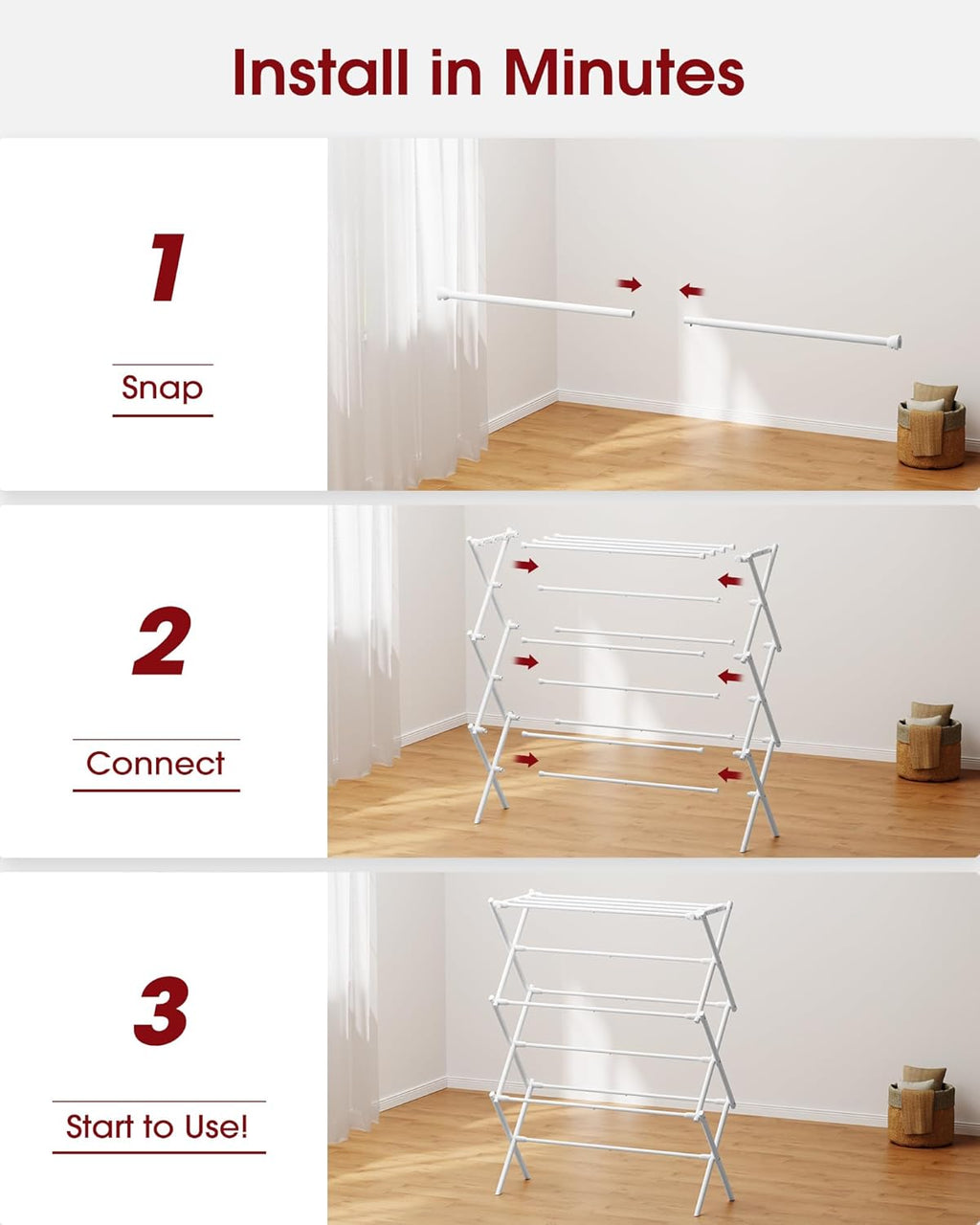 Sakugi Foldable Clothes Drying Rack – Metal Laundry Drying Rack with Non-Slip Feet, 3-Tier Space-Saving Clothing Rack for Organization, Indoor & Outdoor Use, 11.4" D x 29.1" W x 37.4" H, White