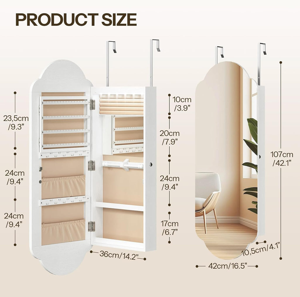 HOOBRO Jewelry Cabinet Wall/Door Mounted, LED Jewelry Organizer, Lockable | Jewelry Armoire, Hanging Jewelry Cabinet with Storage, Wide Full Length Mirror, 4.1 x 16.5 x 42.5 Inches, White