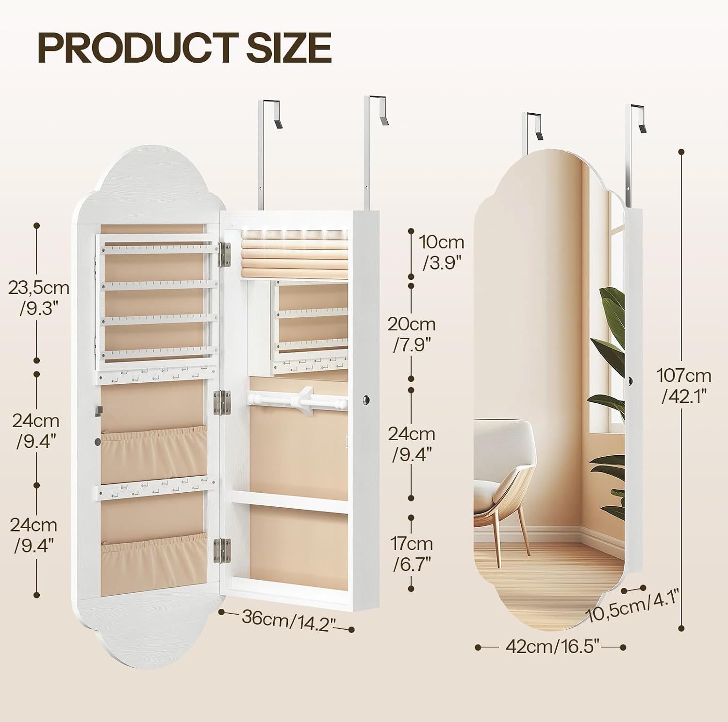 HOOBRO Jewelry Cabinet Wall/Door Mounted, LED Jewelry Organizer, Lockable | Jewelry Armoire, Hanging Jewelry Cabinet with Storage, Wide Full Length Mirror, 4.1 x 16.5 x 42.5 Inches, White