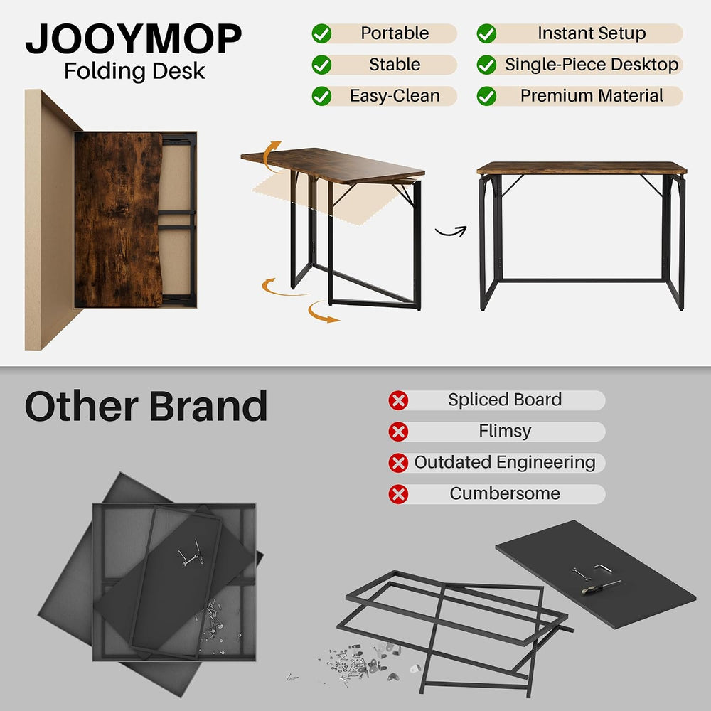 JOYMOOP 31.5" Rustic Brown Folding Desk No Assembly, Wooden Top, Small Size