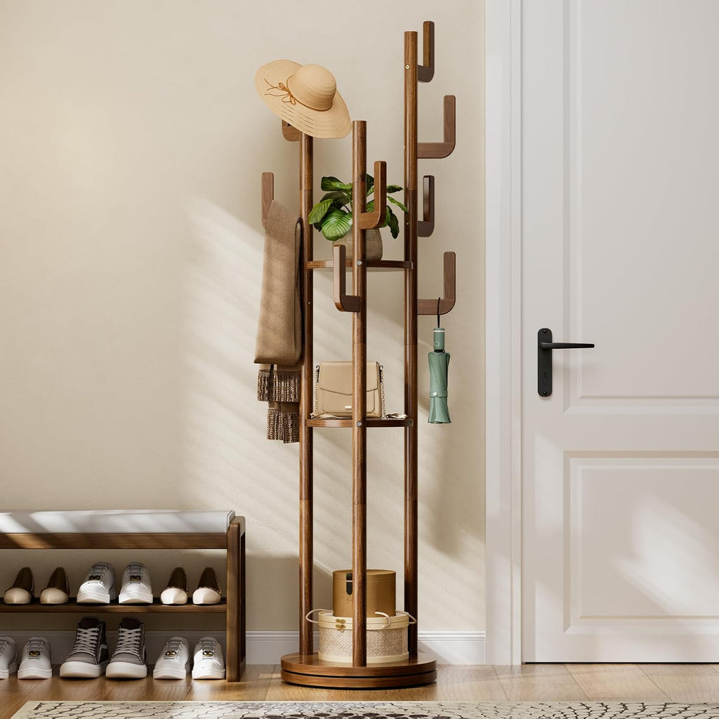 Yoobure Rotary Coat Rack Freestanding - Solid Wood Coat Tree with 9 hooks & 3 Storage Shelves for Purse, Bag, Jacket, Hat, Corner Hanger Stand Racks for Hall, Entryway, Office, Modern Clothes Holder