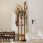 Yoobure Rotary Coat Rack Freestanding - Solid Wood Coat Tree with 9 hooks & 3 Storage Shelves for Purse, Bag, Jacket, Hat, Corner Hanger Stand Racks for Hall, Entryway, Office, Modern Clothes Holder