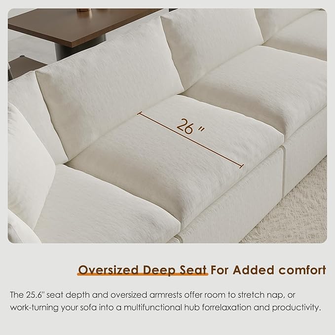 130" Oversized Boneless Cloud Couch, Modular Sectional Couches for Living Room, U Shaped with Deep Seats, No Assembly Required, 6 Seater Washable Fabric Sleeper Sofa, White