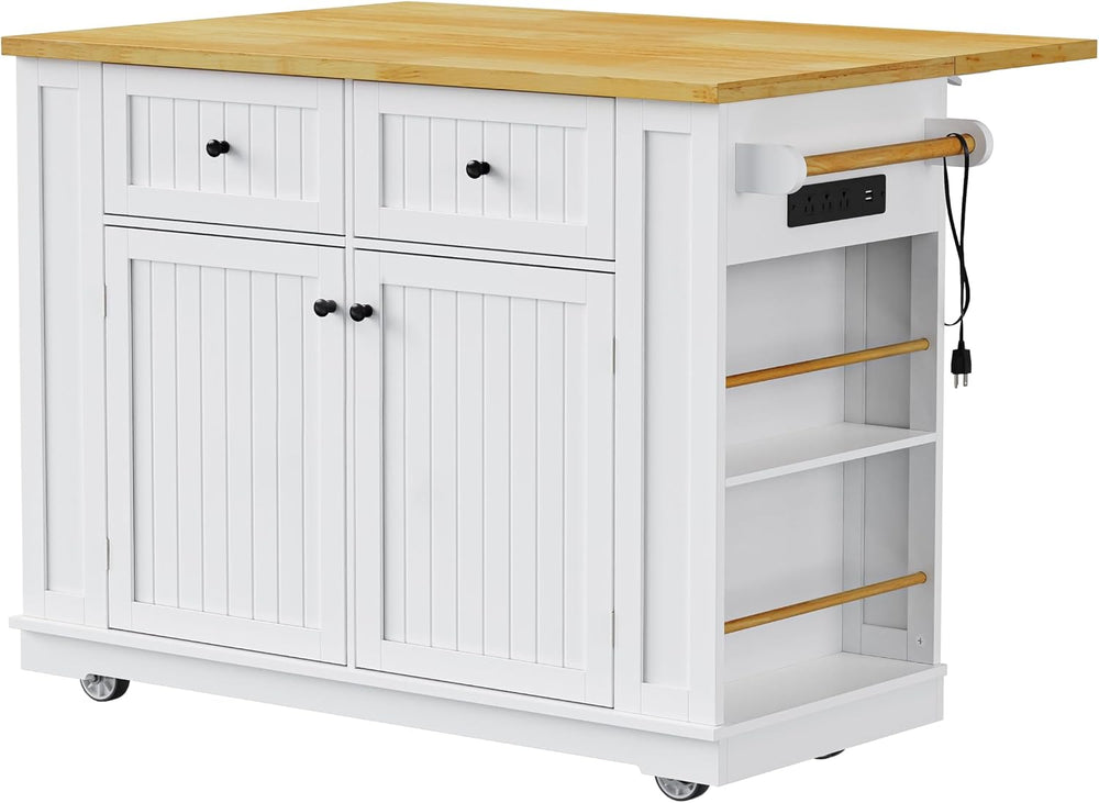 48" Kitchen Island in White with 2 Stools & Power Outlet | Includes ...