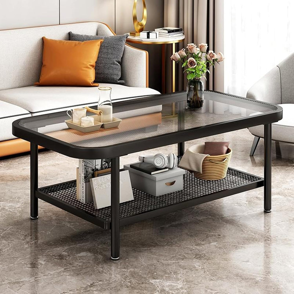 2 Tier Coffee Table, Glass Top Rectangular Coffee Table with Black Metal Fram...