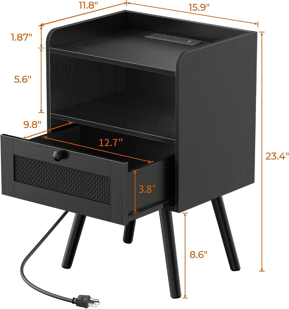 SUPERJARE Nightstands with Charging Station, Bedside Table Set of 2 with Texi...
