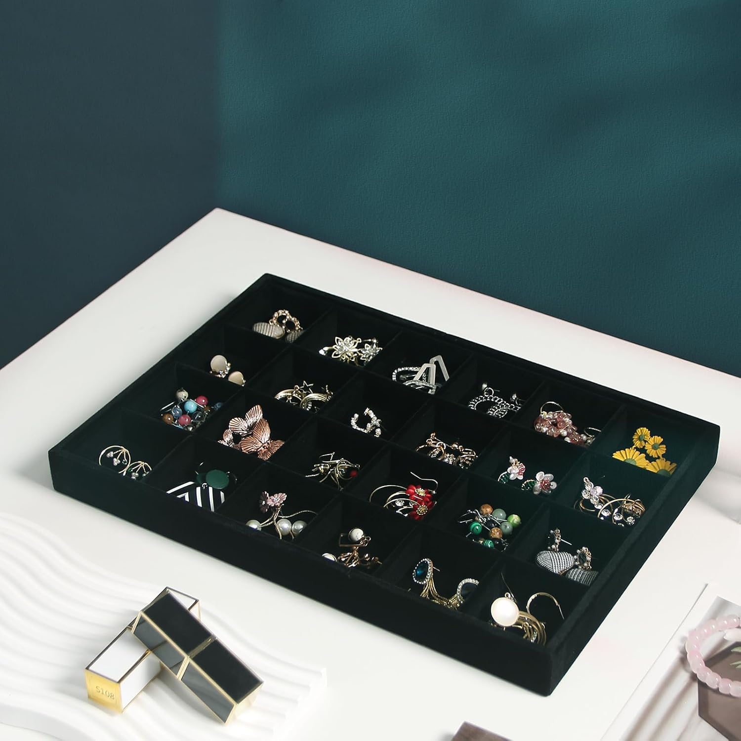 Coward 2PC Black Velvet Stackable 24 Gird Jewelry Organizer Tray Necklace Earring Box Storage Drawer Ring Earring Display Holder (24grid+24grid)