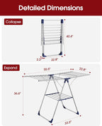 Sakugi Clothes Drying Rack with Height-Adjustable Wings, Metal Foldable Laundry Dryer Stand for Clothing & Bedding, Free-Standing Collapsible for Indoor & Outdoor Use, 55.5" L × 22.8" W, Silver Blue