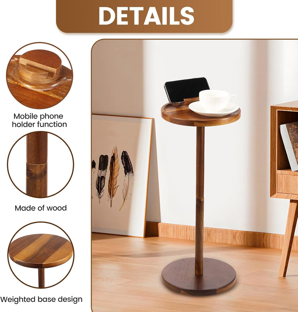 Round Side Table, Small Drink Table for Small Spaces, Wooden Pedestal Side Ta...